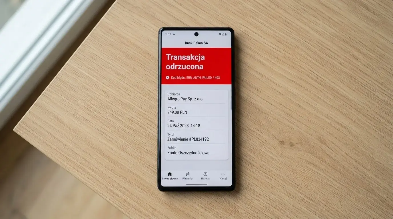 Ekran bankowości elektronicznej z komunikatem o odrzuceniu transakcji — widoczny kod błędu i nazwa zablokowanej domeny kasyna