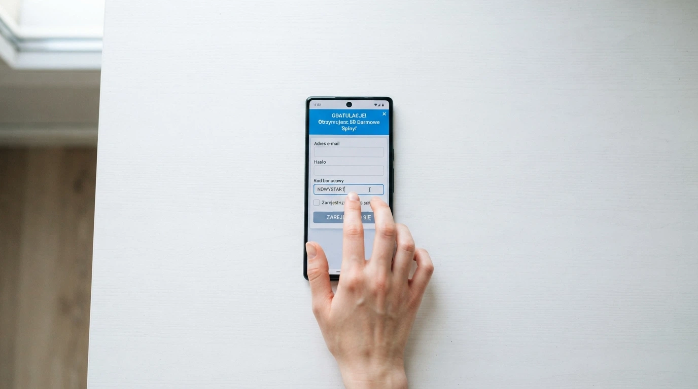 Ekran rejestracji w kasynie online z widocznym polem na kod bonusowy i komunikatem o przyznaniu darmowych spinów