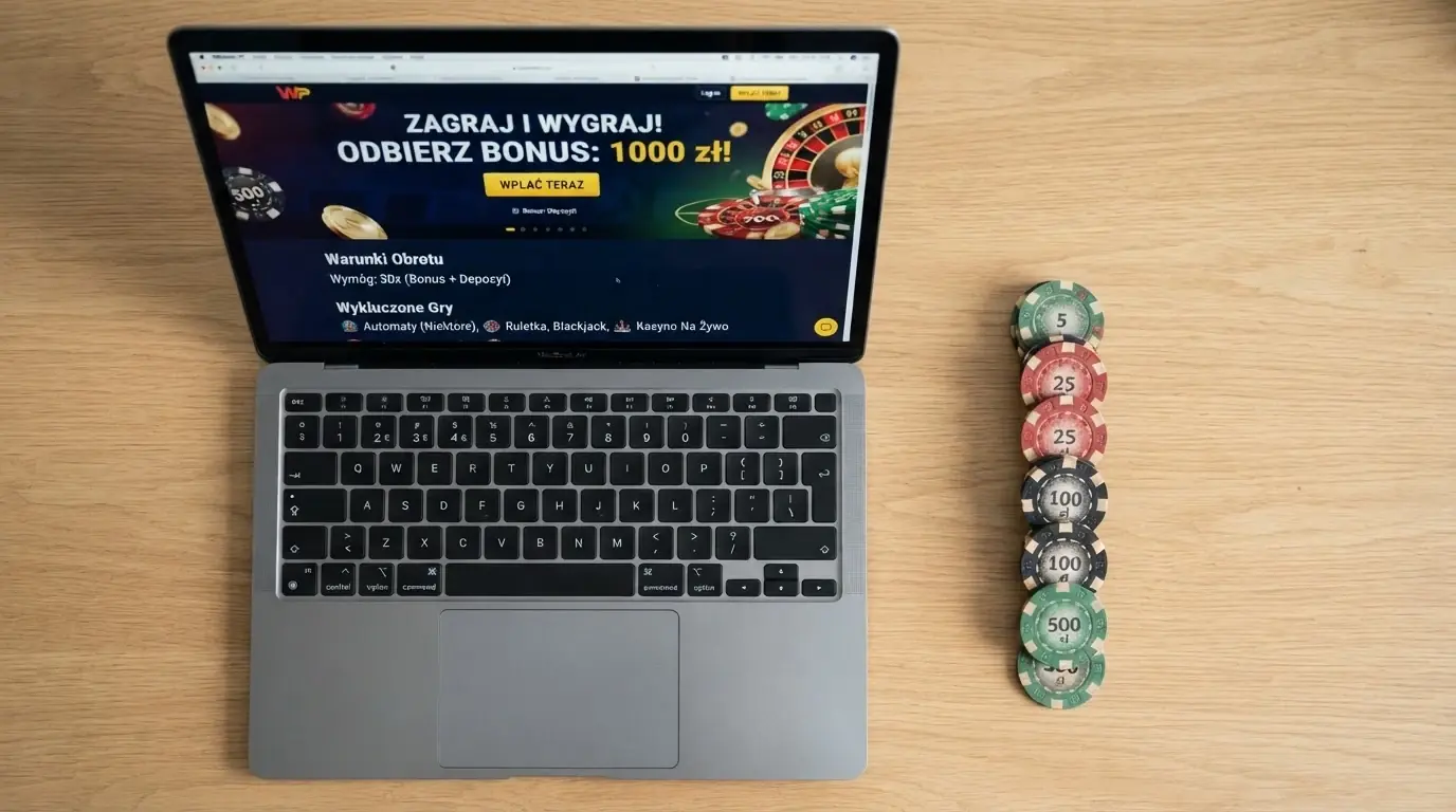 Strona promocji bonusu powitalnego w kasynie online — wysokość bonusu, warunki obrotu i lista gier wykluczonych