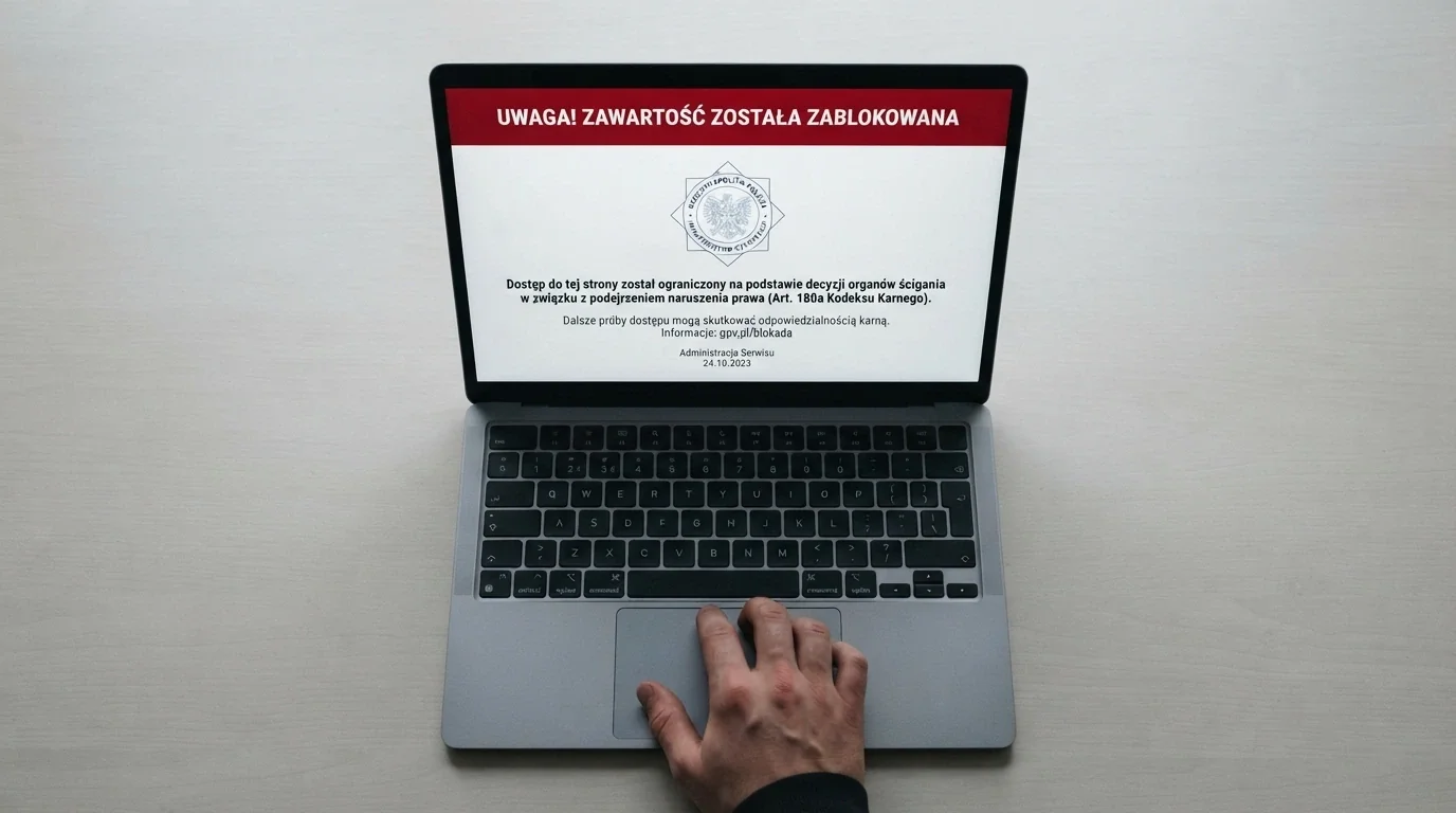 Ekran ostrzegawczy Ministerstwa Finansów wyświetlany po wejściu na zablokowaną domenę kasyna offshore — tekst przytaczający podstawę prawną blokady