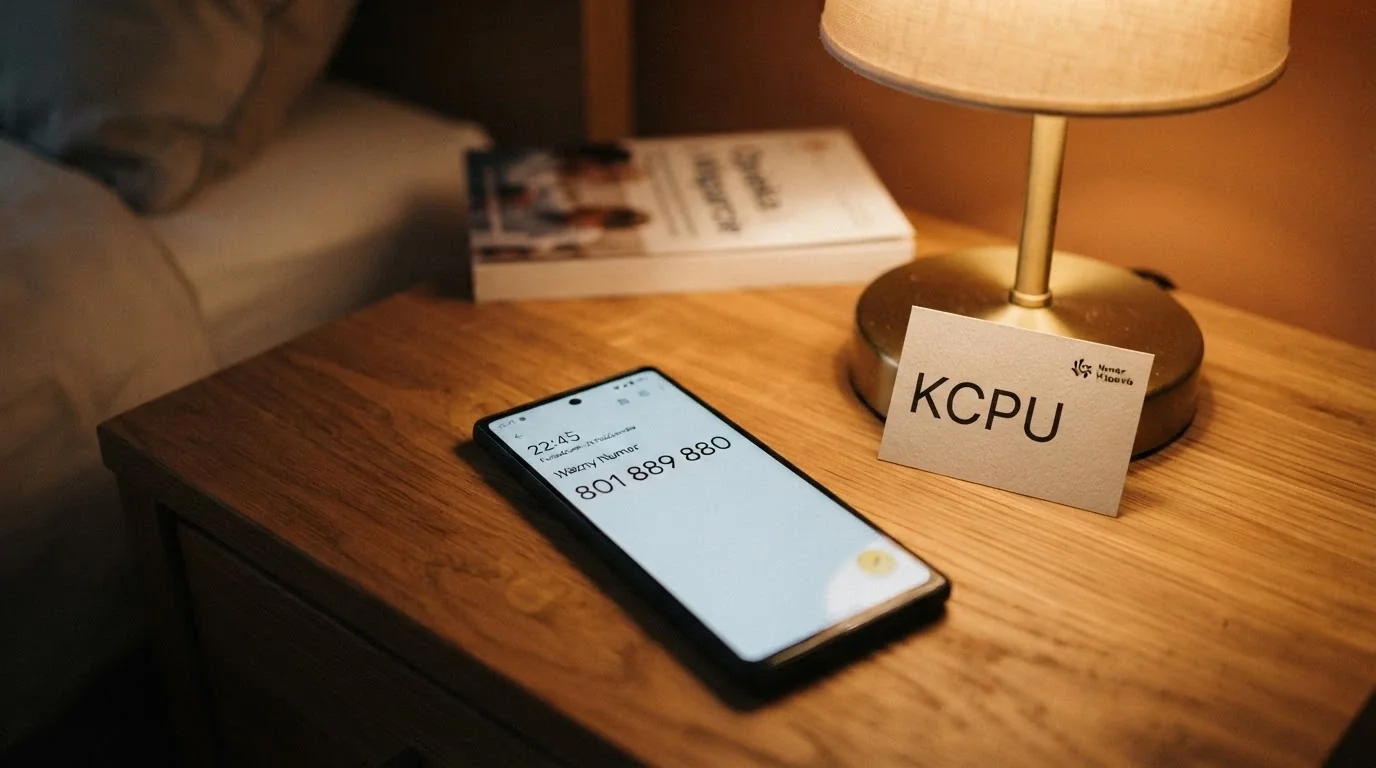 Zbliżenie na słuchawkę telefonu i kartkę z numerem Telefonu Zaufania Uzależnień Behawioralnych 801 889 880 — w tle logo KCPU