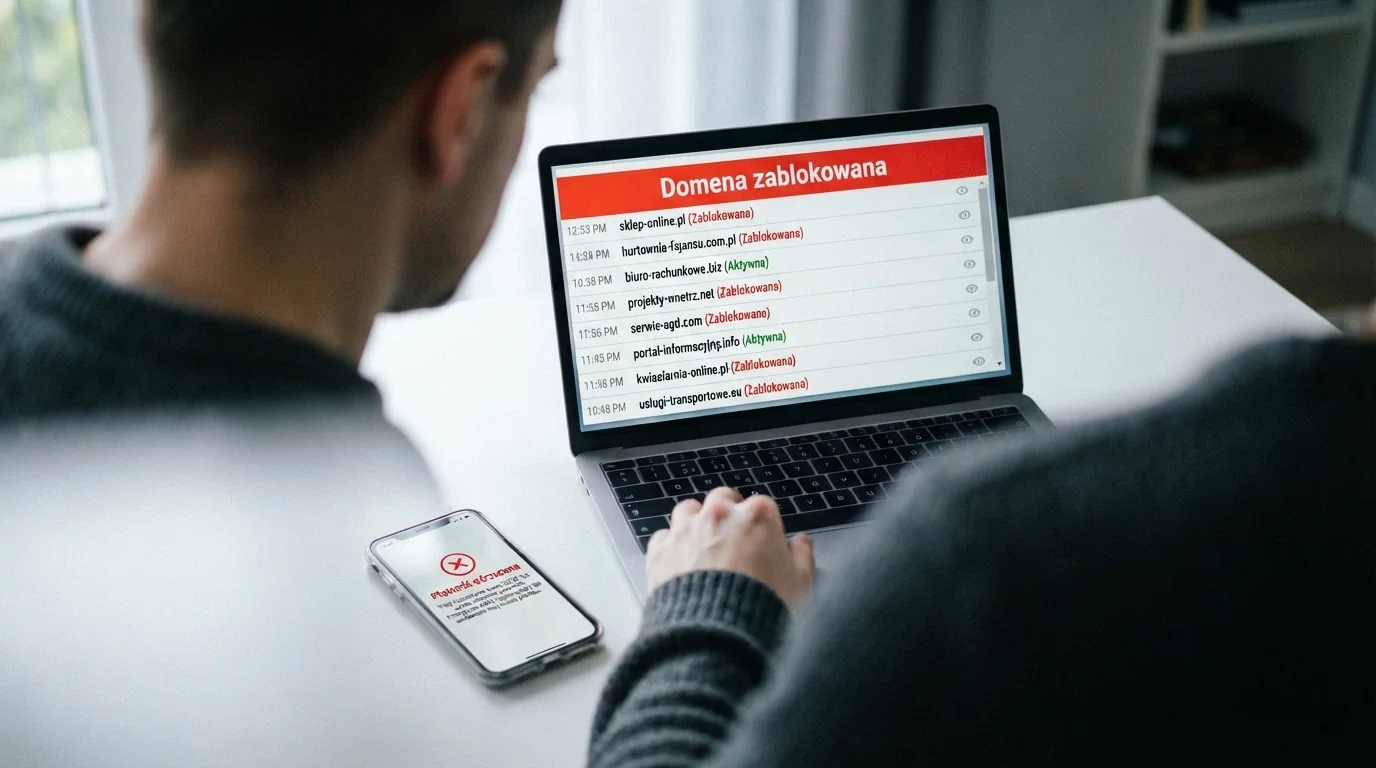 Dokument urzędowy z pieczęcią MF i ekranem Rejestru Domen w tle, obok symboliczne kajdanki na klawiaturze
