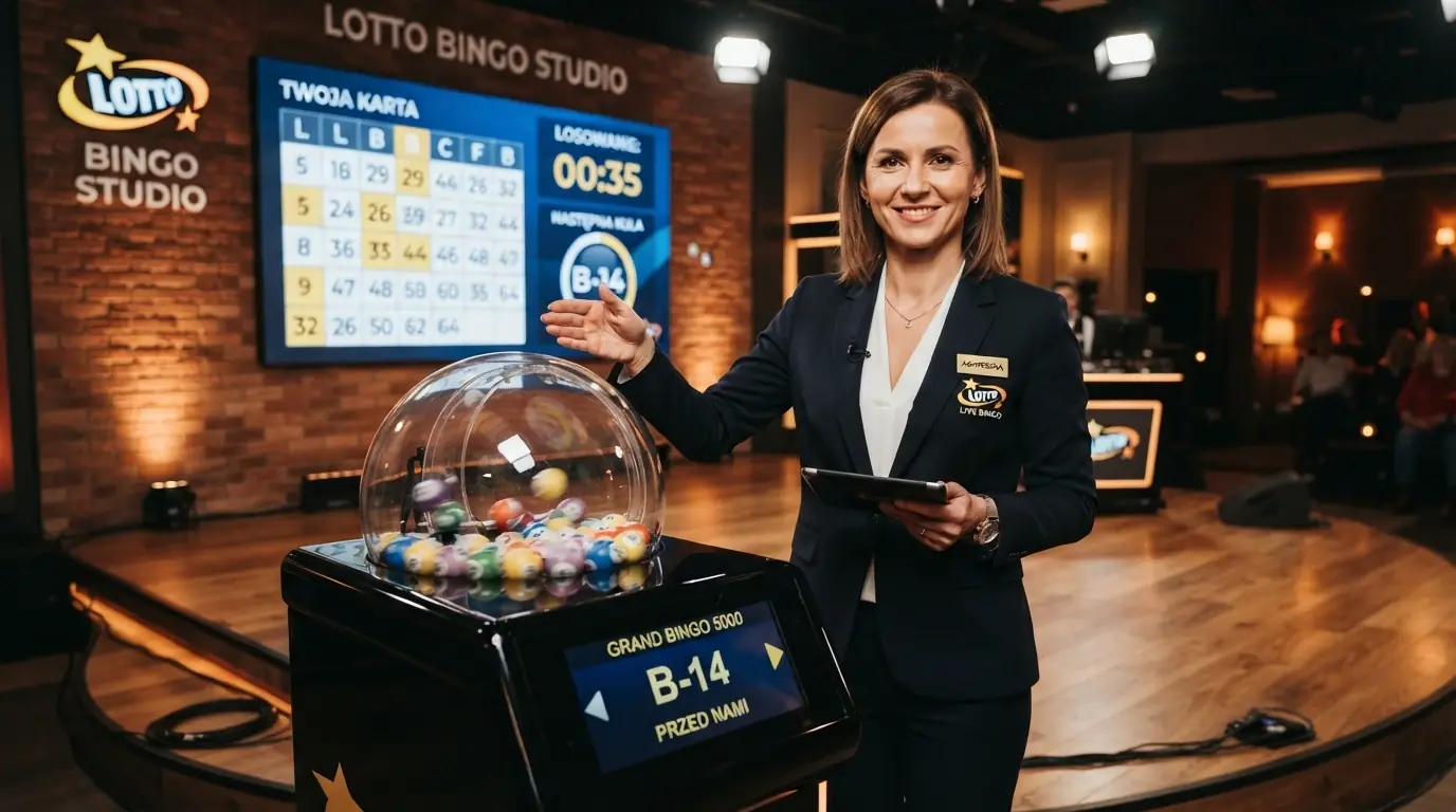 Krupier w studiu kasyna na żywo przy maszynie do losowania kul bingo, na ekranie widoczny interfejs z biletami i komunikat „następna kula za 5 sekund”