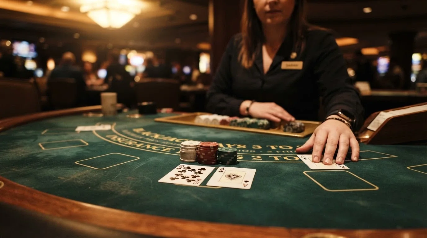 Krupier przy stole do blackjacka na żywo w studyjnym oświetleniu — zbliżenie na karty i żetony, widok z perspektywy gracza