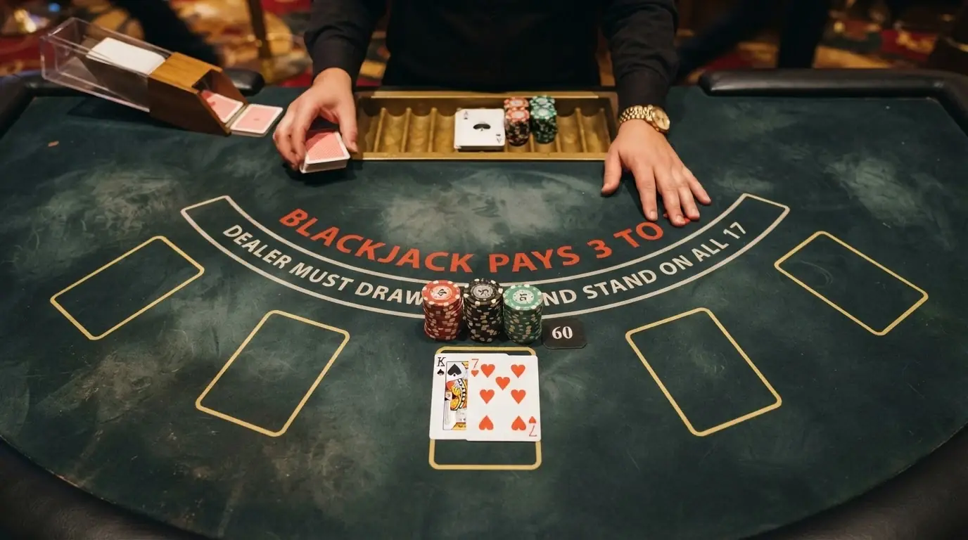 Krupierka rozdająca karty przy stole do blackjacka na żywo, widok z kamery stołowej — karty, żetony, stół