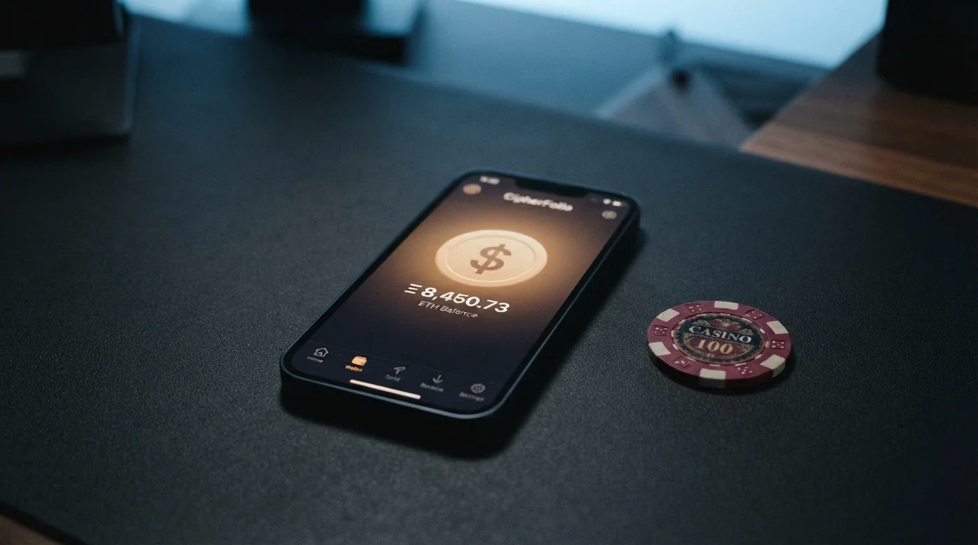 Portfel kryptowalutowy na ekranie smartfona obok logo kasyna online — wpłata Bitcoinem bez podawania danych osobowych