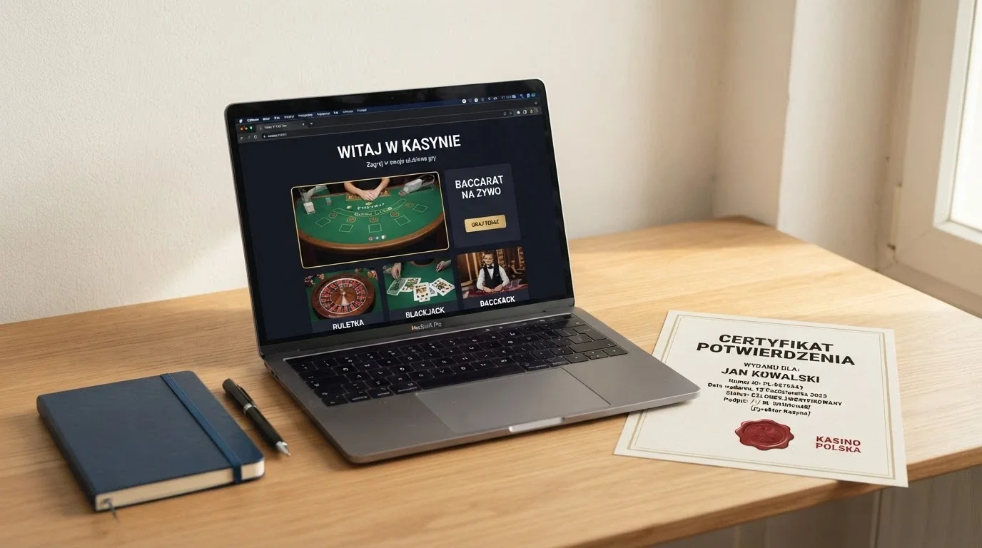 Ekran komputera z otwartą stroną legalnego kasyna online, obok dokument z pieczęcią Ministerstwa Finansów