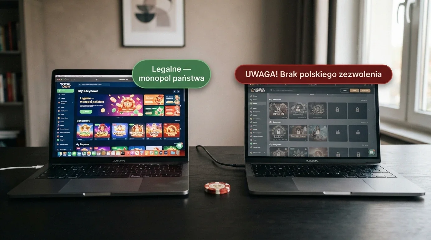 Podział ekranu: z lewej strona Total Casino z zielonym oznaczeniem „legalne — monopol państwa”, z prawej strona zagranicznego kasyna z szarym polem i ostrzeżeniem „brak polskiego zezwolenia”