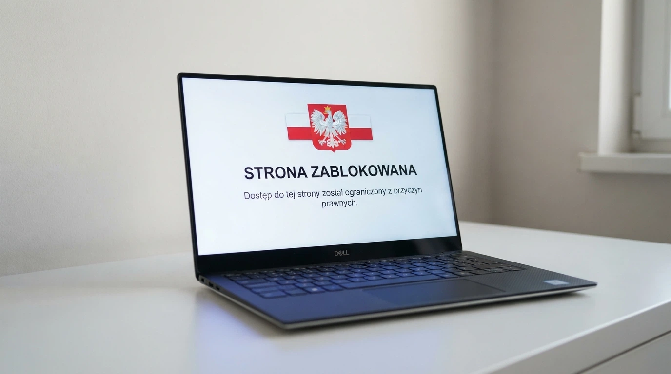 Ekran z ostrzeżeniem Ministerstwa Finansów — komunikat o blokadzie domeny hazardowej, tarcza z symbolem państwa, obok lista kar i paragrafów