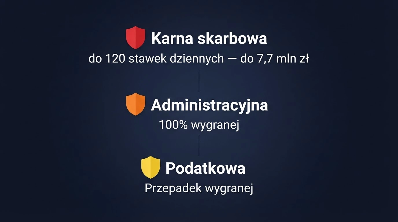 Infografika przedstawiająca trzy warstwy odpowiedzialności gracza: karna skarbowa (art. 107 kks), administracyjna (art. 89 ustawy) i podatkowa — z kwotami kar i progami
