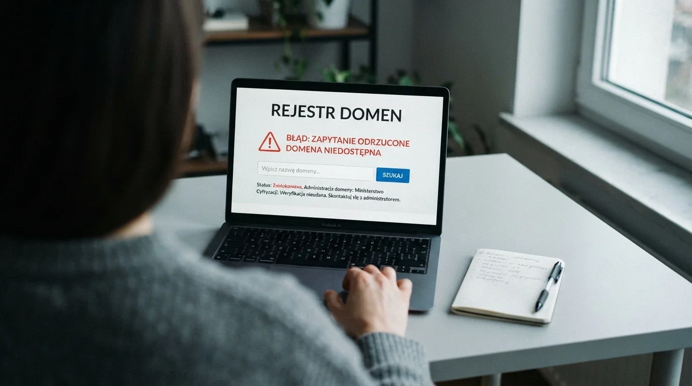 Fragment oficjalnej strony Rejestru Domen Zakazanych MF (hazard.mf.gov.pl) z polem wyszukiwania domeny, obok logo Ministerstwa Finansów i symbolu ostrzeżenia