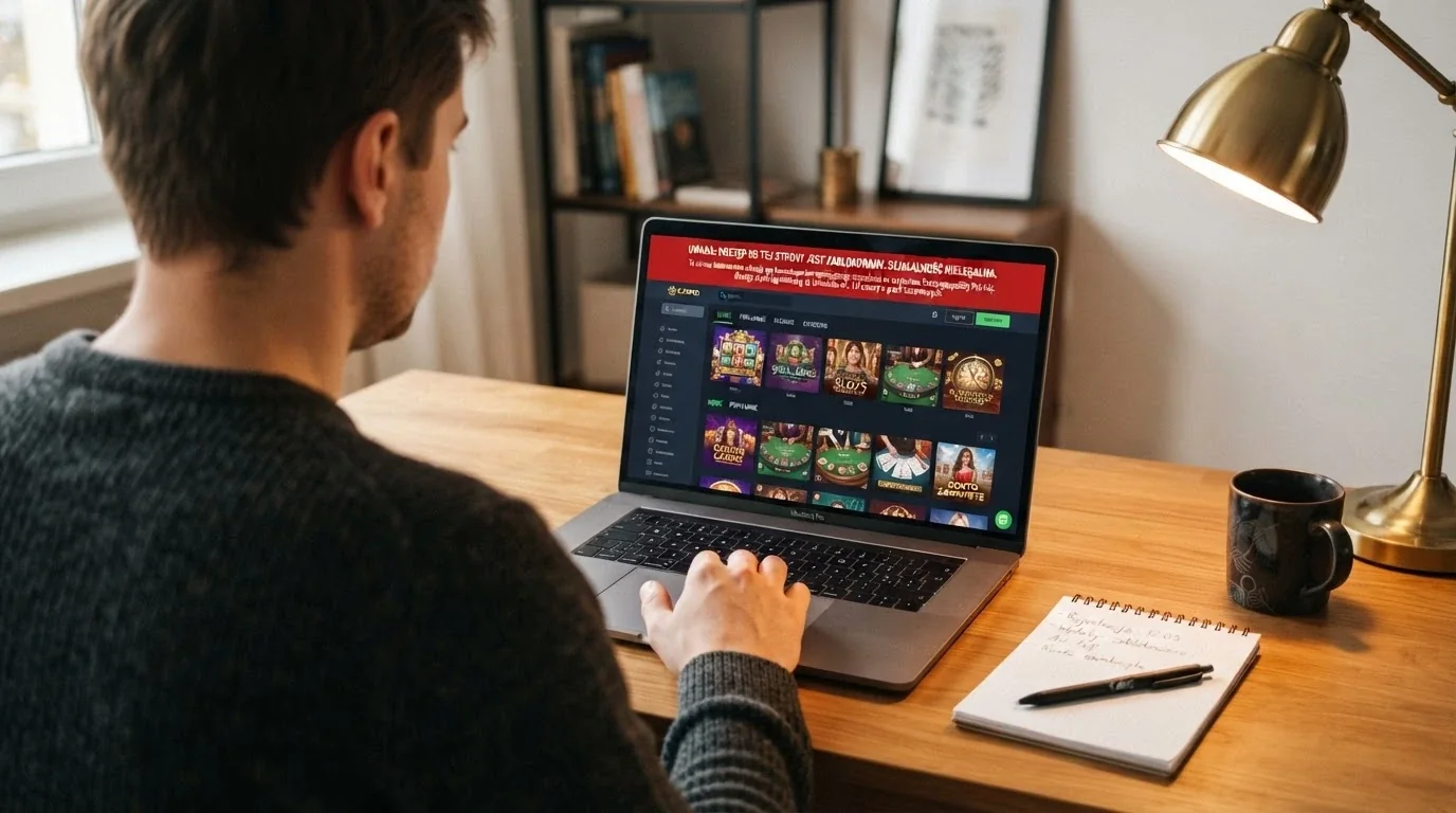 Interfejs Total Casino na ekranie komputera obok dokumentu urzędowego z pieczęcią Ministerstwa Finansów