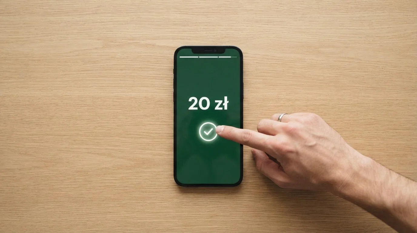 Telefon z otwartą aplikacją BLIK i ekranem autoryzacji płatności na kwotę 20 zł