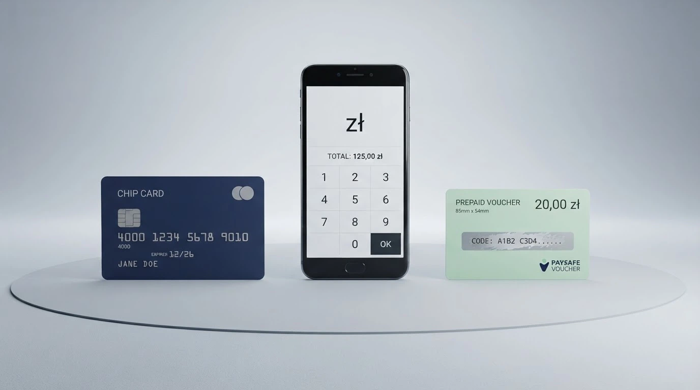 Zestawienie ikon metod płatności: BLIK, Visa, Mastercard, Przelewy24, Skrill, Paysafecard na tle ekranu kasyna