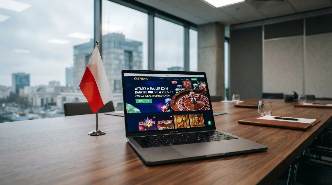 Strona główna Total Casino na ekranie laptopa, w tle flaga Polski i budynek Totalizatora Sportowego przy ul. Targowej w Warszawie