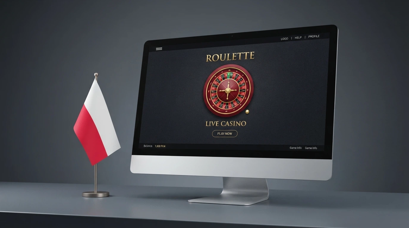 Flaga Polski na tle ekranu komputera z napisem Total Casino i symbolem Ministerstwa Finansów