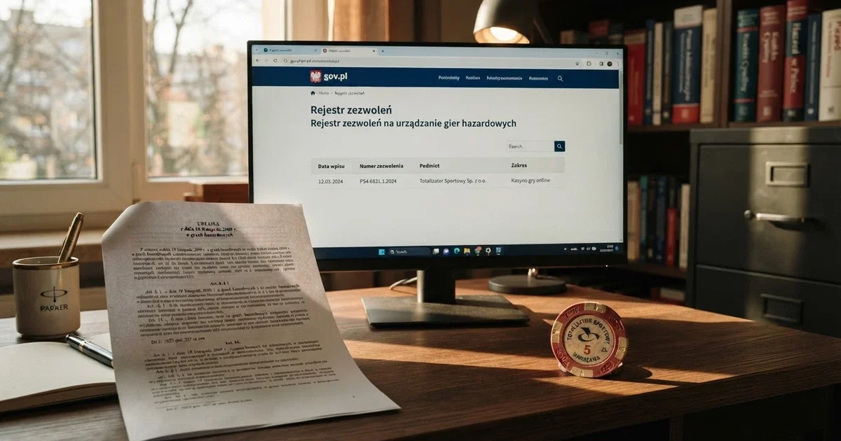 Ekran komputera z widoczną stroną rejestru licencji Ministerstwa Finansów i dokumentem ustawy o grach hazardowych, obok leży polski dowód osobisty