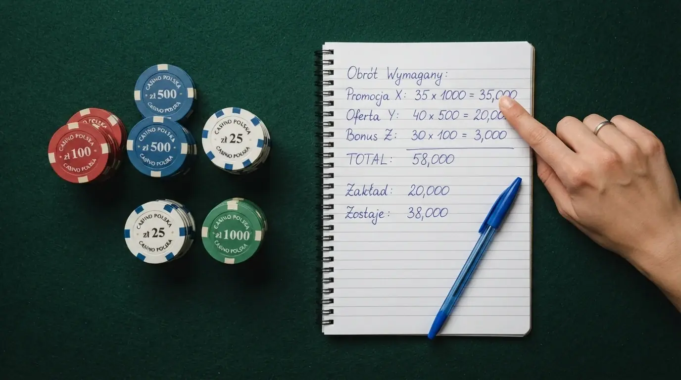 Tabela z nazwami kasyn, kwotami bonusów i warunkami obrotu