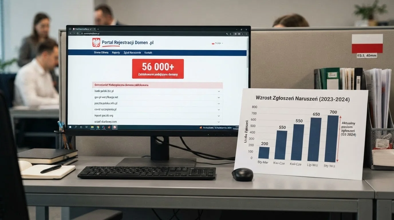 Ekran monitora z widokiem strony hazard.mf.gov.pl i rosnącym licznikiem zablokowanych domen, obok infografika przedstawiająca ~700 nowych wpisów miesięcznie