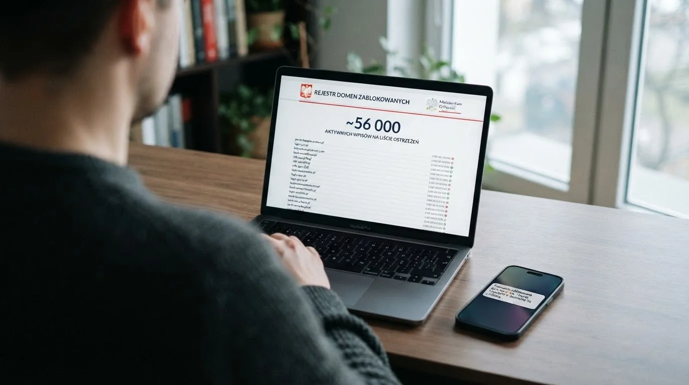 Fragment strony hazard.mf.gov.pl z listą zablokowanych domen i licznikiem ~56 000 wpisów, obok ekran smartfona z komunikatem BLIK „Transakcja zablokowana — domena w Rejestrze Domen MF”