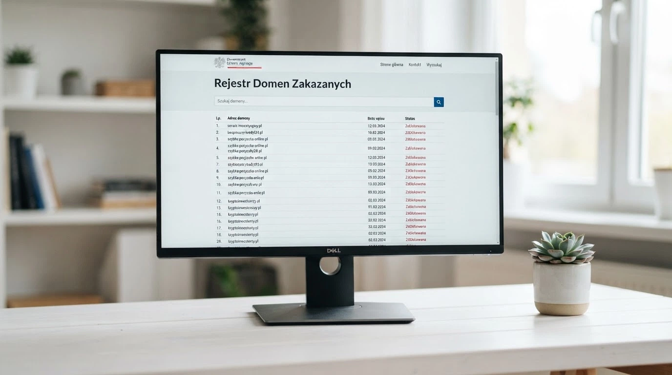 Ekran komputera z otwartą stroną Rejestru Domen hazard.mf.gov.pl — widoczna lista zablokowanych domen hazardowych i pasek wyszukiwania