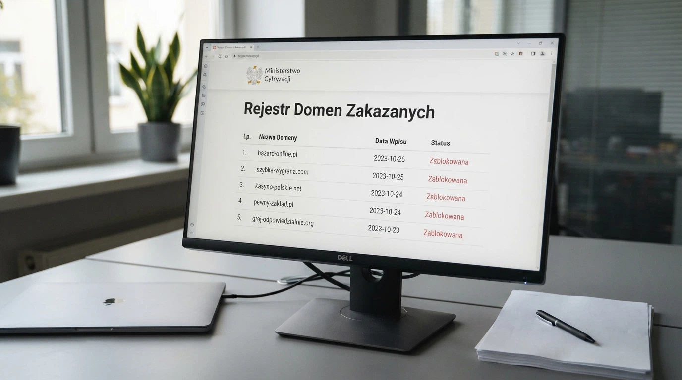 Strona Rejestru Domen hazard.mf.gov.pl na ekranie komputera — lista zablokowanych domen hazardowych z datami wpisów