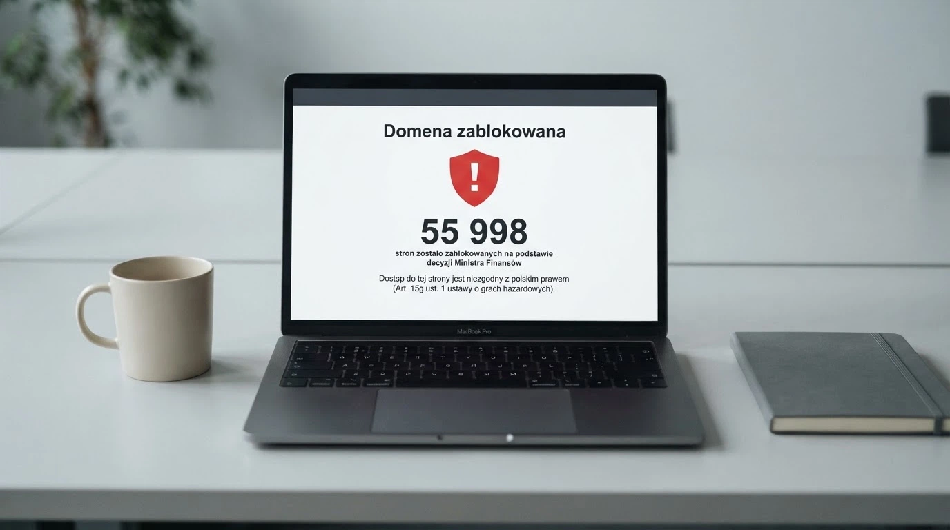 Ekran komputera wyświetlający oficjalną stronę Rejestru Domen hazard.mf.gov.pl z widocznym licznikiem zablokowanych domen