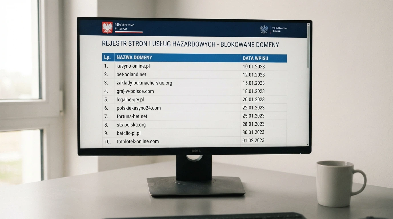 Strona Rejestru Domen Służących do Oferowania Gier Hazardowych Niezgodnie z Ustawą na hazard.mf.gov.pl — widoczna lista zablokowanych adresów z datami wpisu