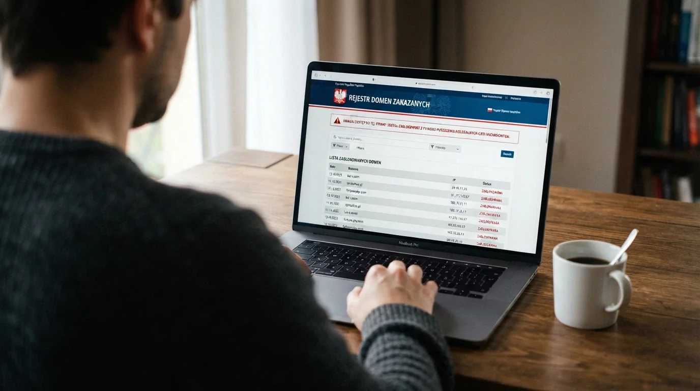 Ekran komputera z widoczną stroną hazard.mf.gov.pl — Rejestr Domen Służących do Oferowania Gier Hazardowych Niezgodnie z Ustawą, z długą listą zablokowanych domen