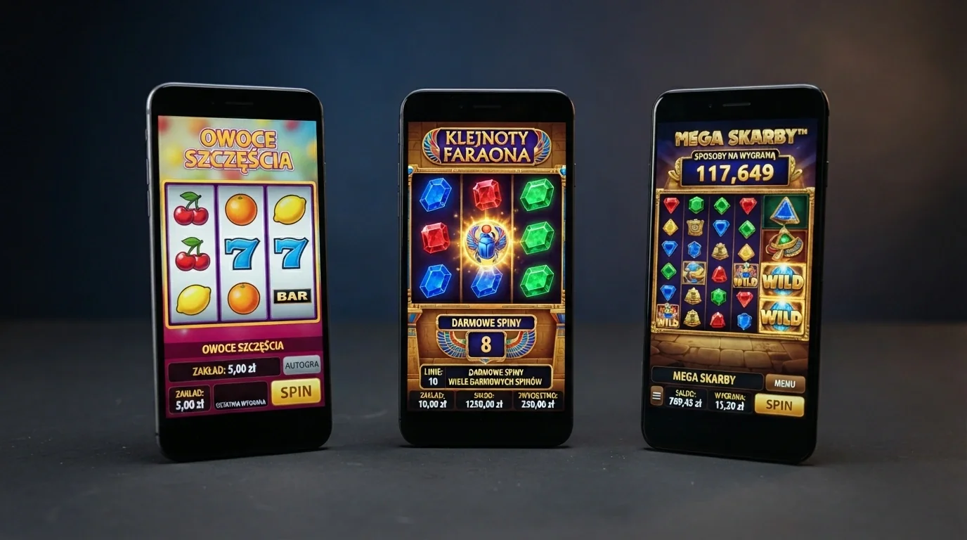 Kolaż przedstawiający trzy typy slotów — klasyczny automat owocowy, nowoczesny video slot z animacją i siatkę Megaways z dynamiczną liczbą linii