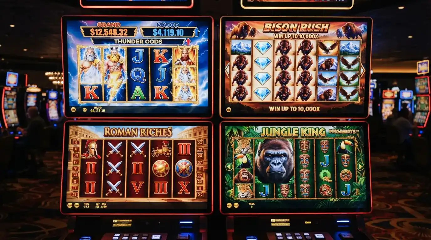 Kolaż najpopularniejszych automatów Playtech — Age of the Gods, Buffalo Blitz, Gladiator i Epic Ape — z widocznymi bębnami i symbolami bonusowymi