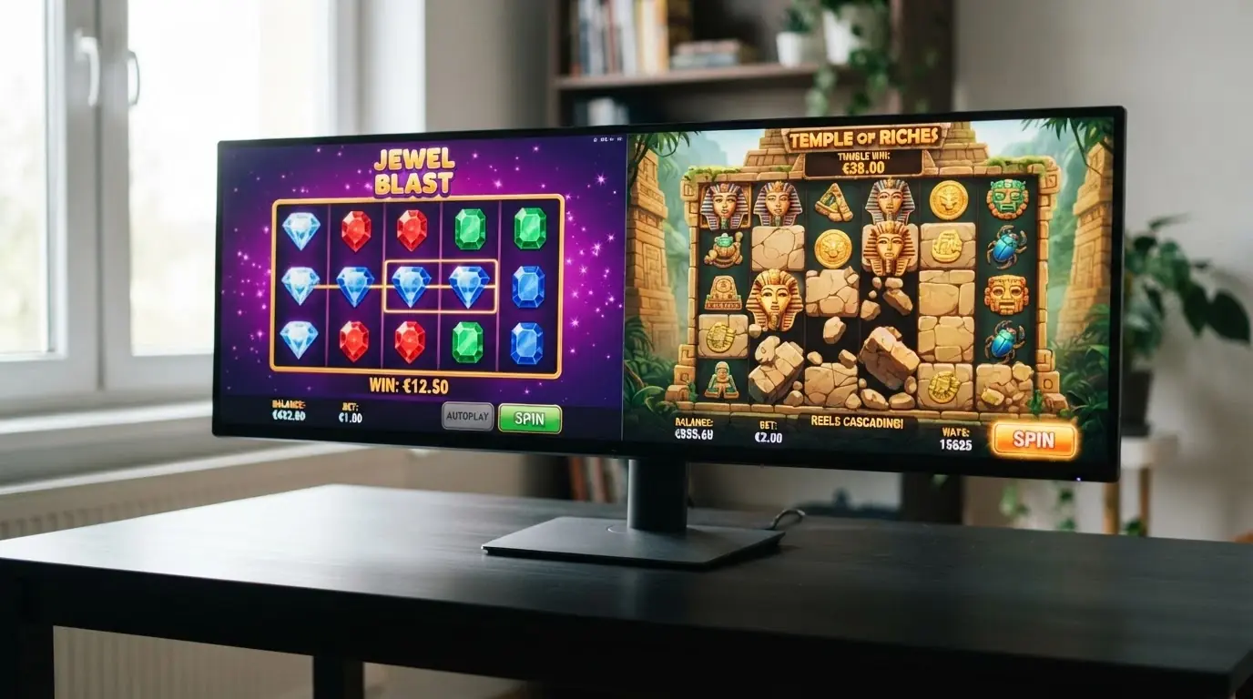 Ekrany slotów Starburst i Gonzo's Quest od NetEnt obok siebie na monitorze