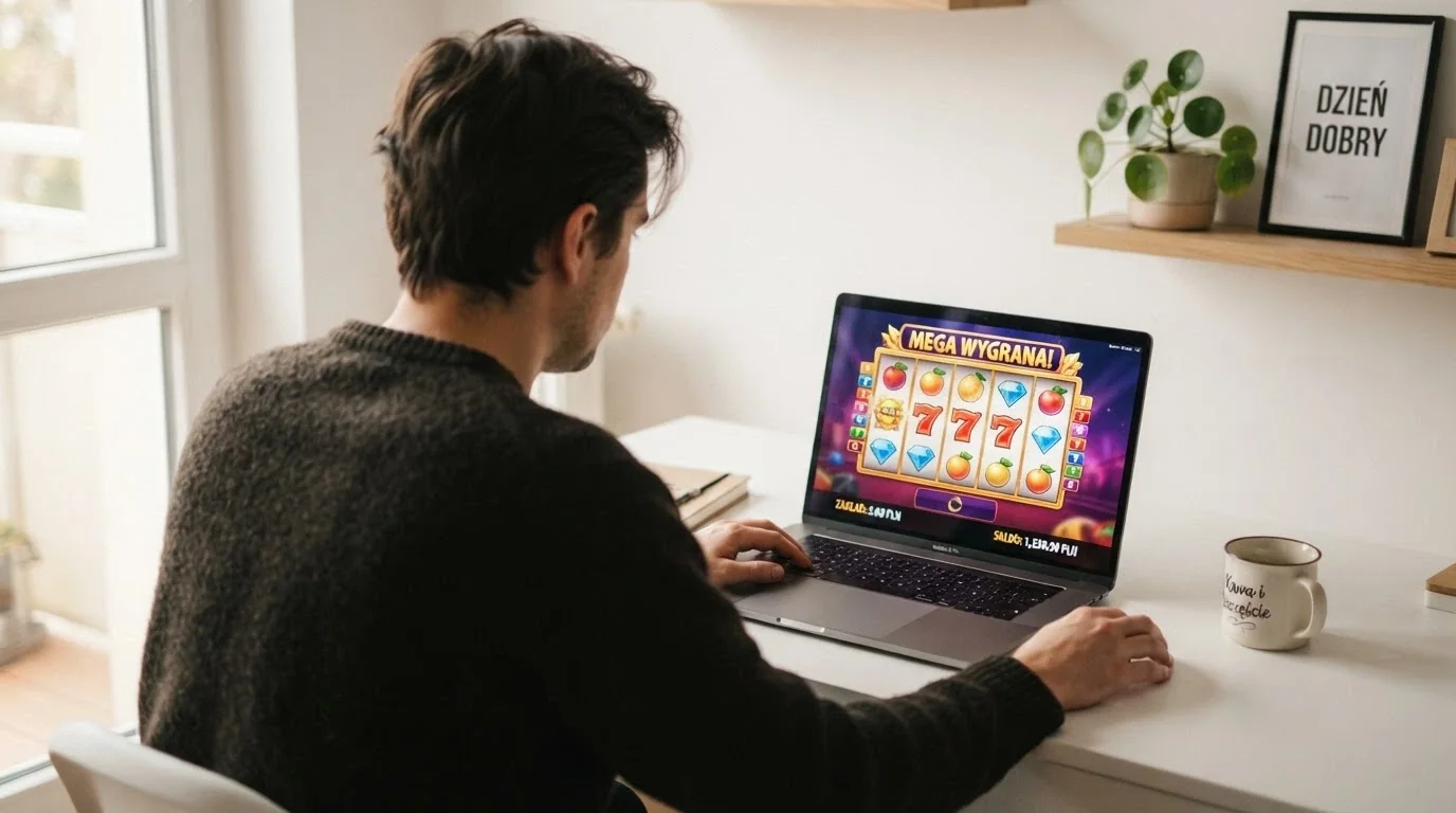 Strona główna Total Casino na ekranie laptopa z widocznym logo Totalizatora Sportowego i informacją o koncesji MF