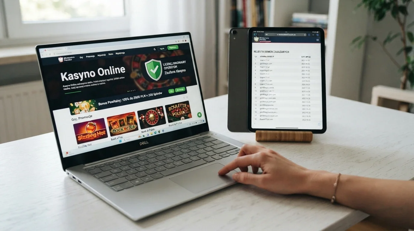 Ekran Total Casino (totalcasino.pl) z oznaczeniem „legalne kasyno online — monopol państwa” obok logo Ministerstwa Finansów i Rejestru Domen