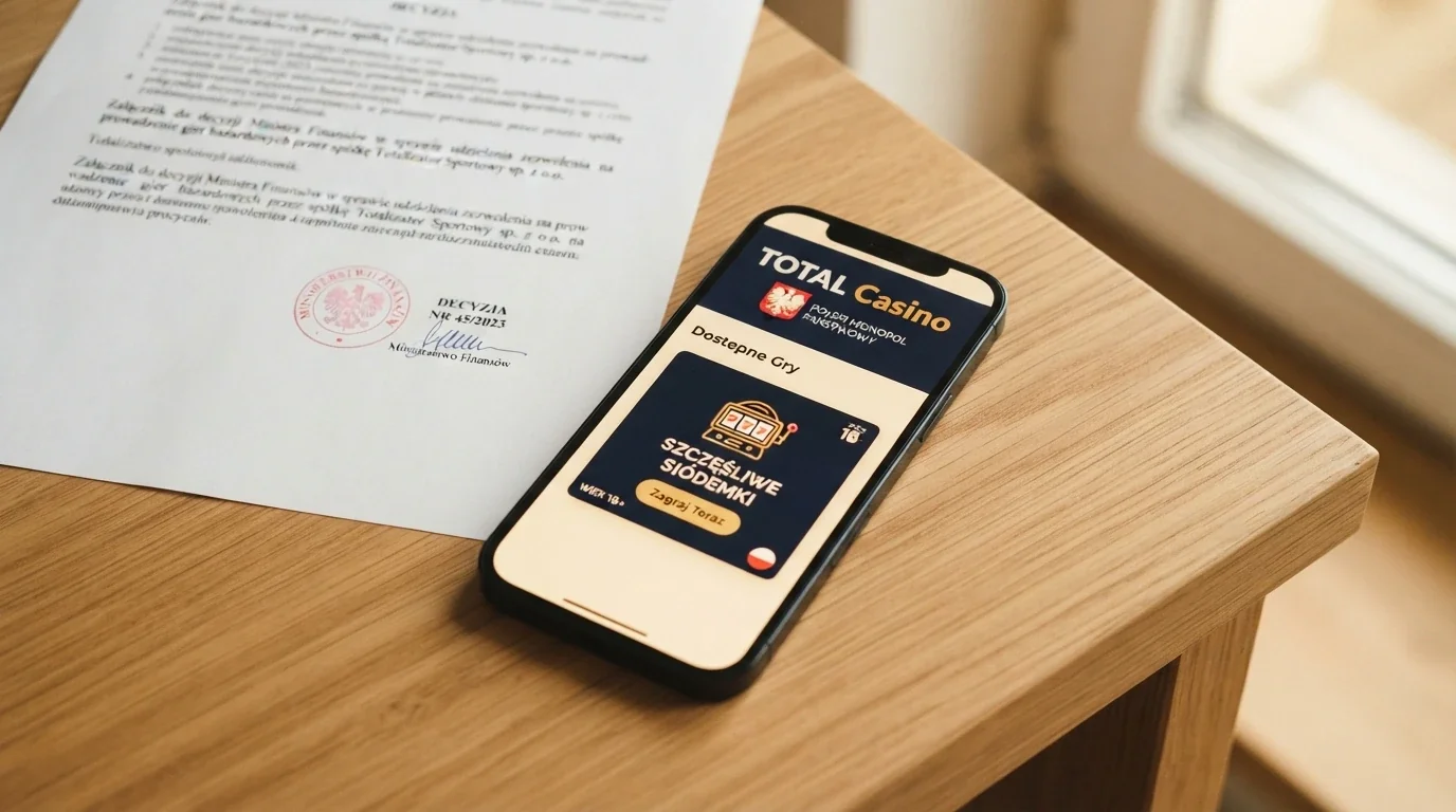 Ekran telefonu z otwartą stroną Total Casino na tle dokumentu z pieczęcią Ministerstwa Finansów i tytułem „ustawa o grach hazardowych”