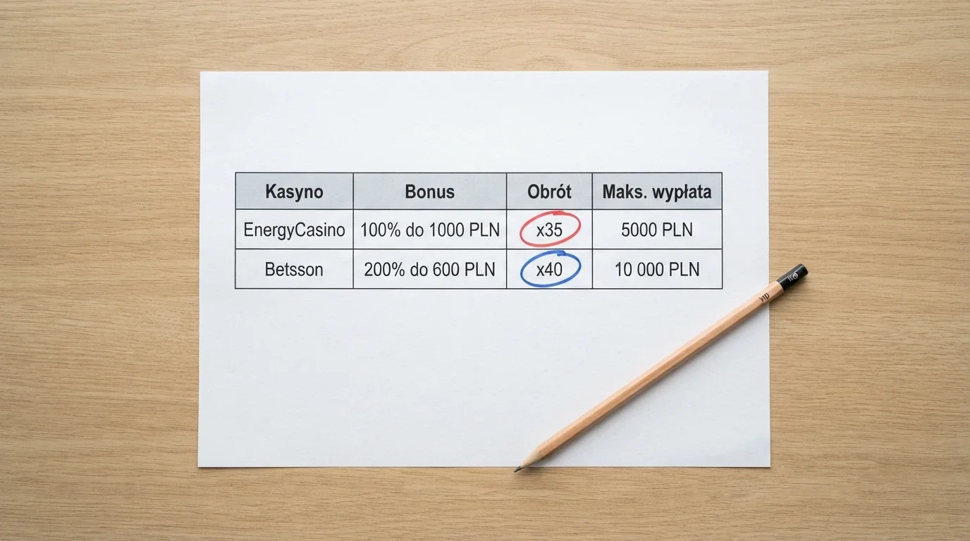 Zbliżenie na tabelę porównawczą zapisaną na kartce — cztery kolumny: nazwa kasyna, kwota bonusu, wymóg obrotu, maksymalna wypłata; przy NV Casino zakreślone „x5”, przy Total Casino zakreślone „x40”
