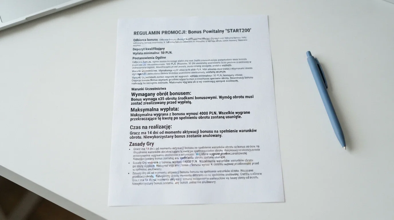 Zbliżenie na regulamin bonusu bez depozytu — widoczne pola: wysokość wagera, limit wypłaty, czas na obrót