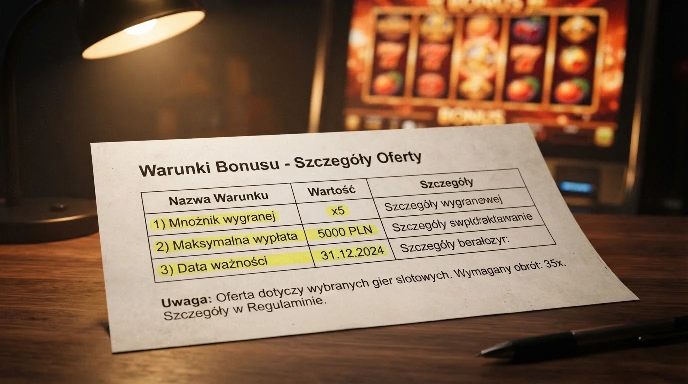 Zbliżenie na dokument z warunkami bonusu — wager, limit wypłaty i data ważności wyróżnione na tle slotu