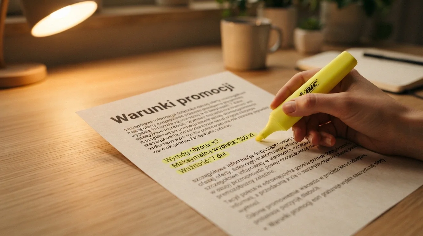 Zbliżenie na fragment regulaminu promocji w zagranicznym kasynie online — zakreślone zapisy o wymogu obrotu, maksymalnej wypłacie i terminie ważności bonusu