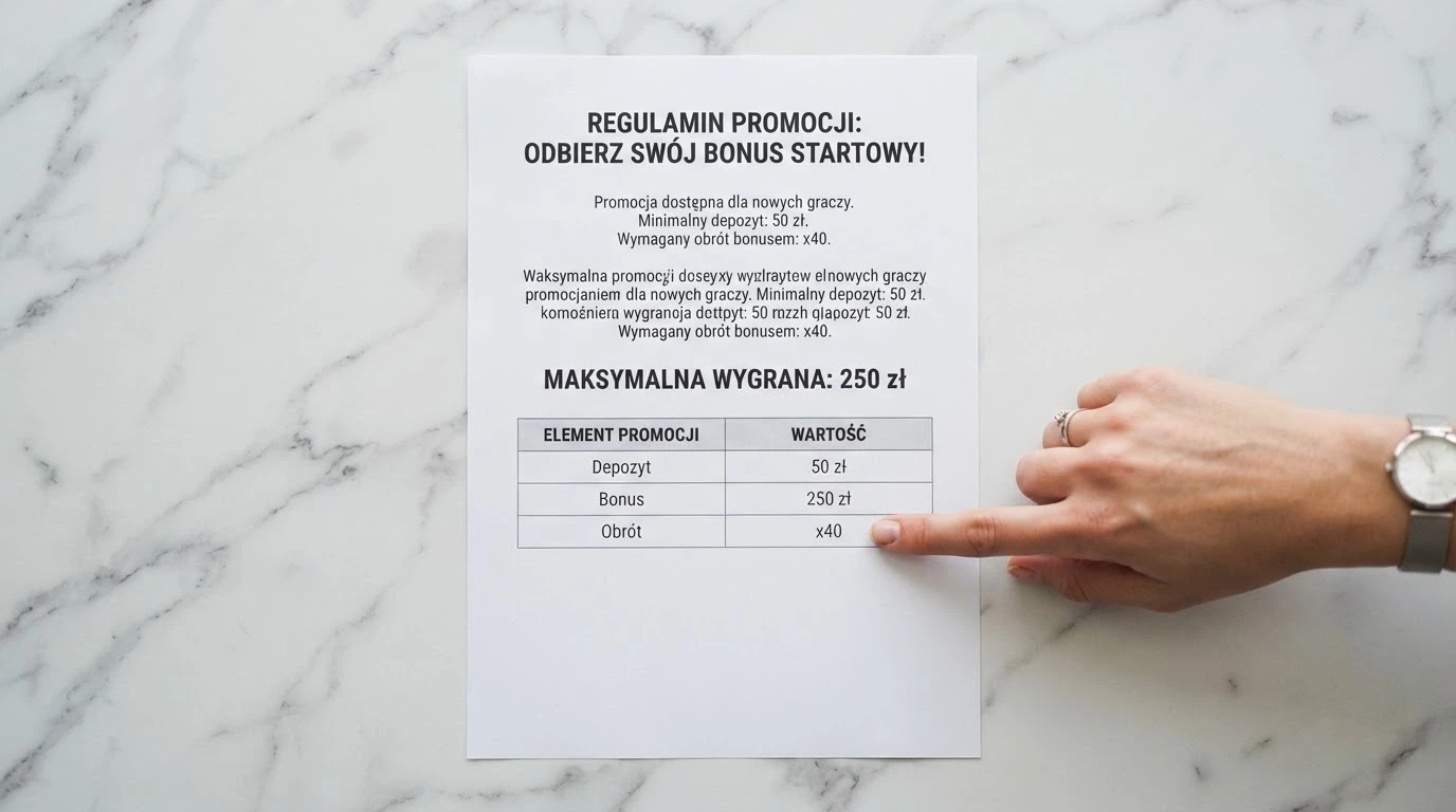Zbliżenie na warunki promocji kasyna — tabela z wagerem, limitem wypłaty i datą ważności bonusu