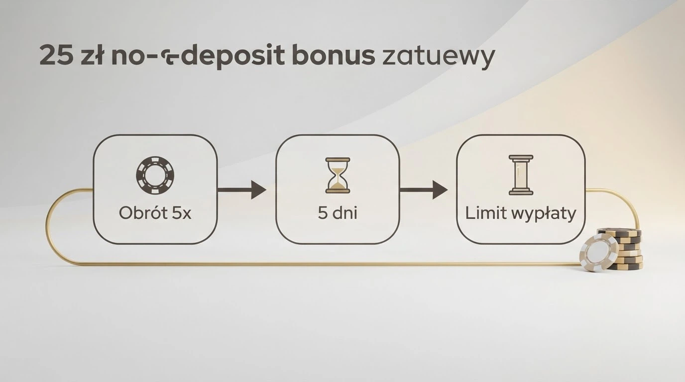 Schemat: droga bonusu 25 zł od aktywacji do wypłaty, z zaznaczonymi etapami: obrót, limit czasowy, maksymalna wypłata