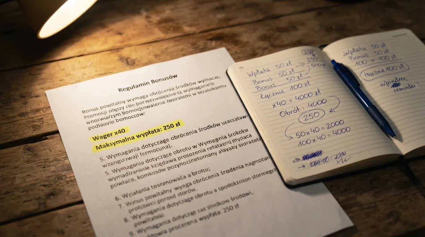Zbliżenie na fragment regulaminu bonusu z podkreślonym warunkiem obrotu x40 i limitem wypłaty, obok kalkulator