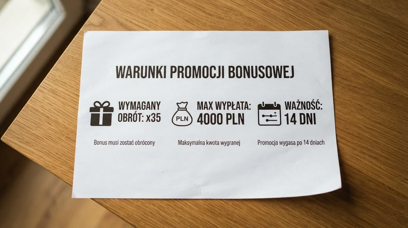 Zbliżenie na regulamin bonusu — warunki obrotu x35, maksymalna wypłata, data ważności, suwak czasu