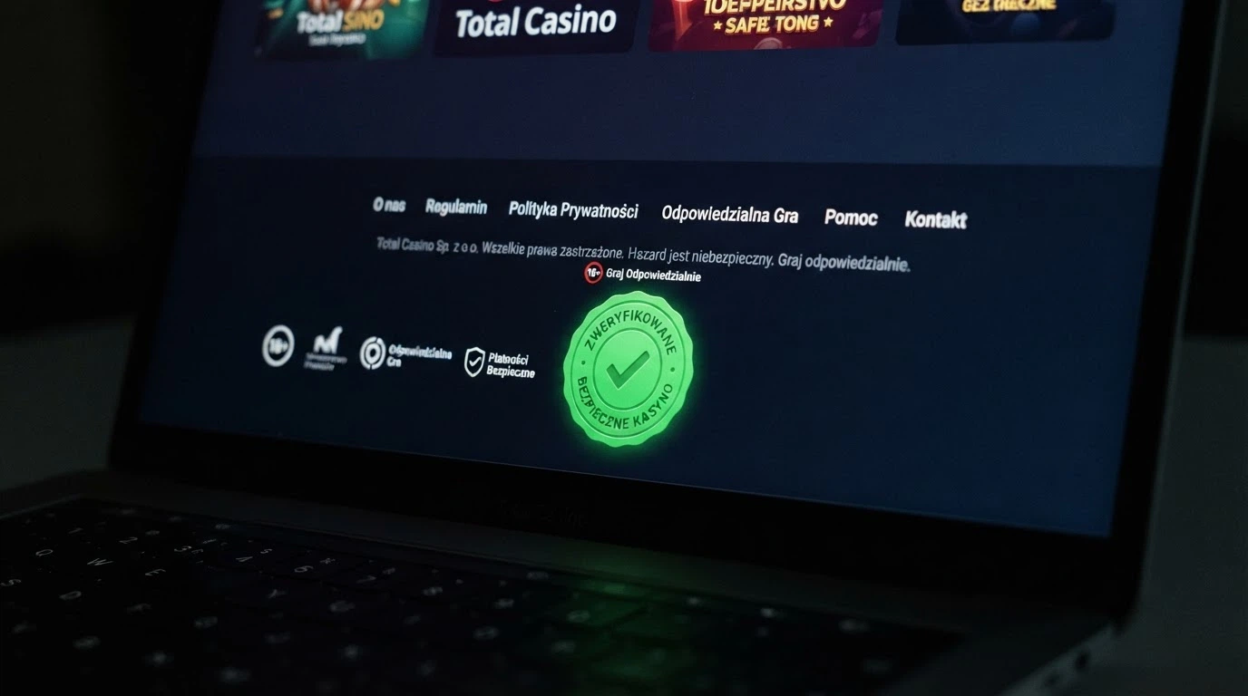 Zbliżenie na zieloną pieczęć weryfikacyjną Curaçao Gaming Authority widoczną w stopce strony kasyna online, obok numeru licencji