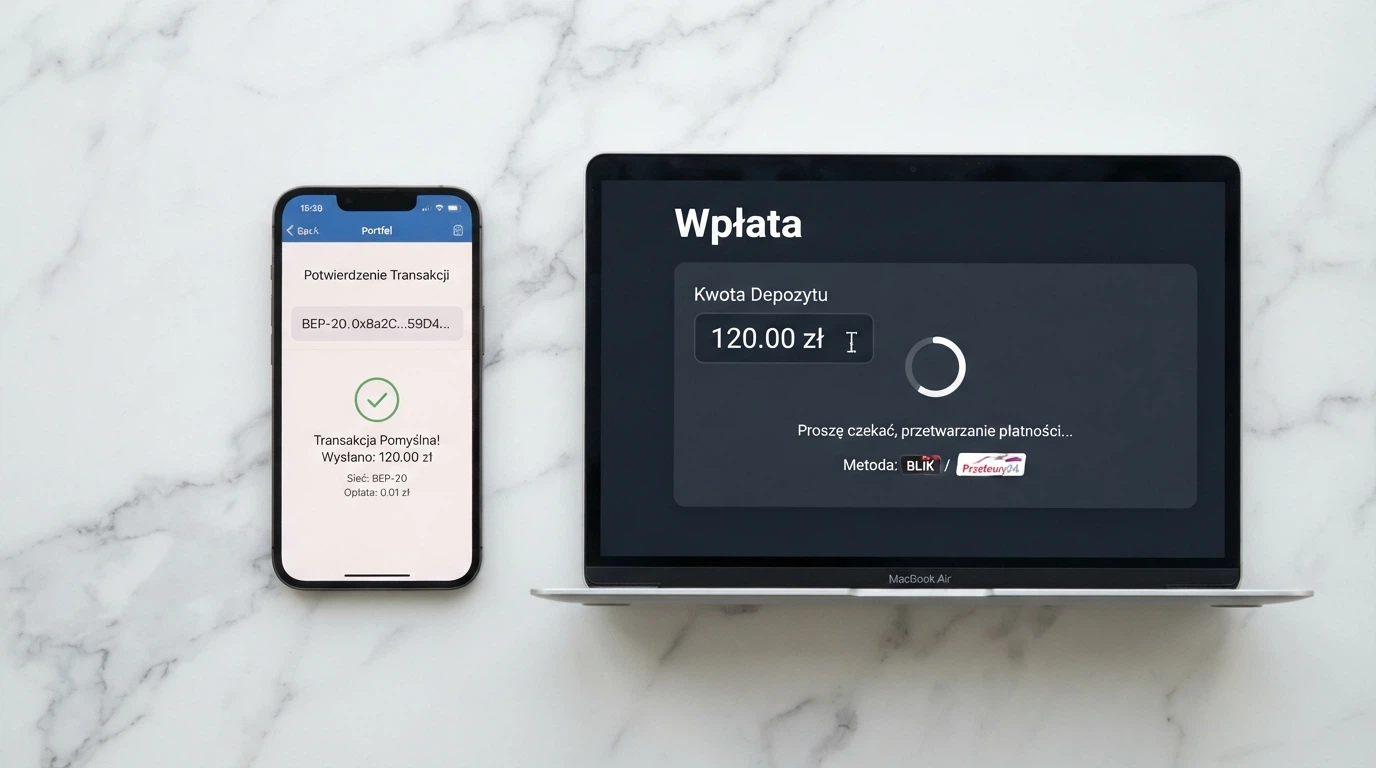 Ekran portfela kryptowalutowego obok interfejsu kasyna online — widoczny adres BEP-20 i potwierdzenie transakcji